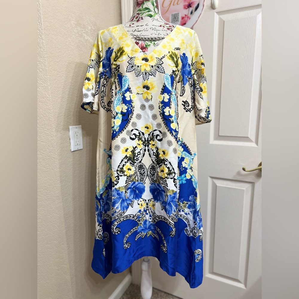 JM Collection NWT Blue Yellow Floral Paisley Scarf Print Dress L